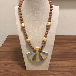 Vintage Karla Jordan Signed Necklace w/Blue,Yellow Mother Of Pearl Fan Pendant.